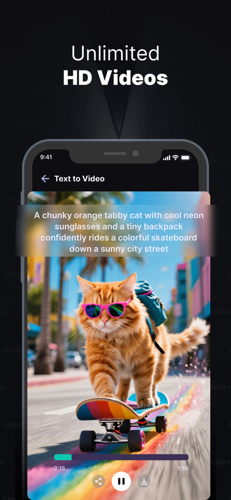 Pika Labs app interface showing an AI generated video of an orange cat on a skateboard created from a text prompt