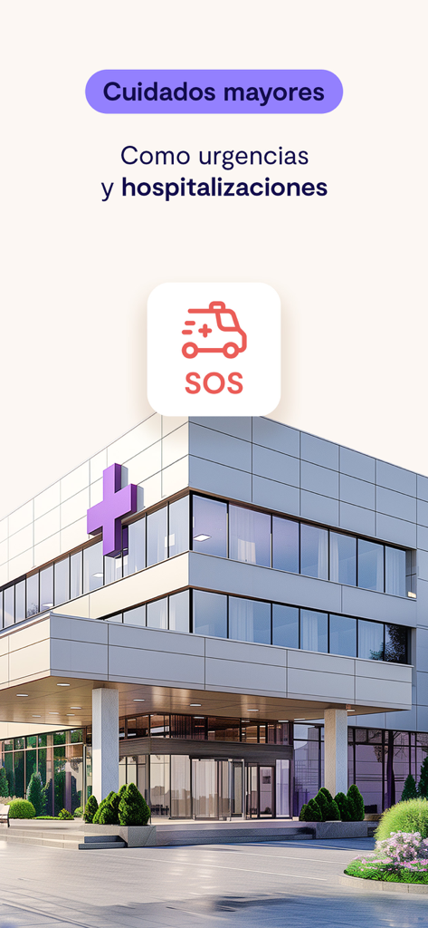 Sofía - Edifício hospitalar moderno com uma cruz roxa e um ícone de ambulância de emergência representando cobertura médica de grande porte.