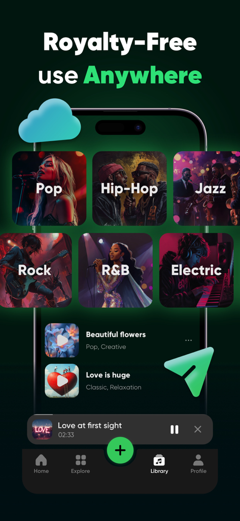 TRACKLAB mobile app screen showing music genre options and a royalty-free use message.