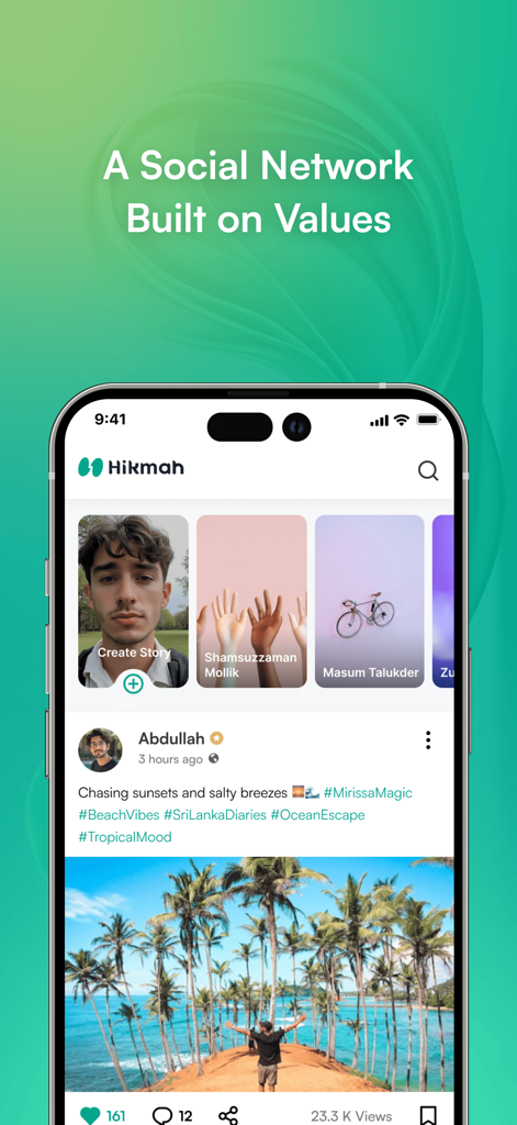 Hikmah mobile app showing a social media feed with stories and a user post