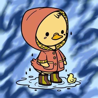 baby duck in a rain coat and boots, in a puddle while it’s raining