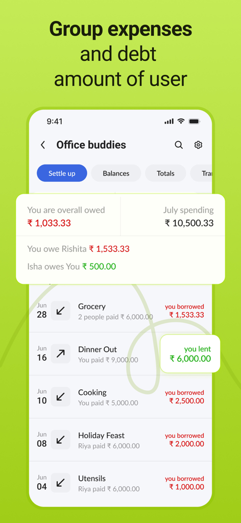 Settle up & Split rent: Splito - Pantalla de la aplicación Splito que muestra los gastos grupales compartidos y los saldos de deuda para compañeros de piso o amigos.