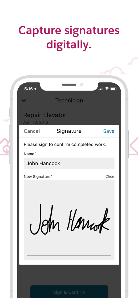 サービス確認のためのデジタル署名取得画面を表示する Salesforce Field Service アプリのモバイル画面
