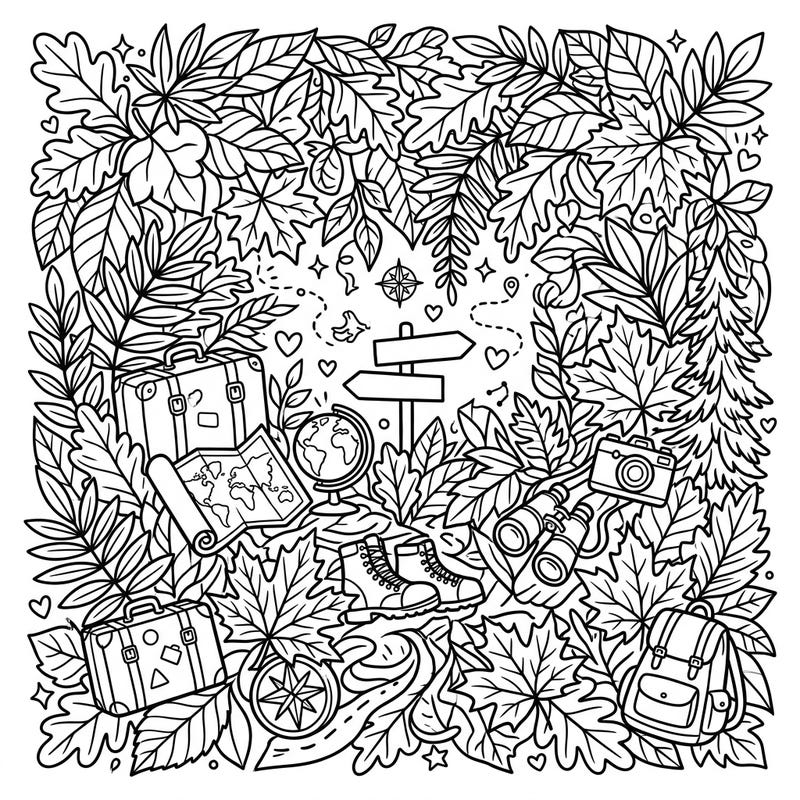 Dive into a unique coloring experience where the beauty of forest leaves meets the thrill of vacation travel. This intricate design invites colorists to explore a world of adventure, featuring maps, suitcases, and natural foliage.