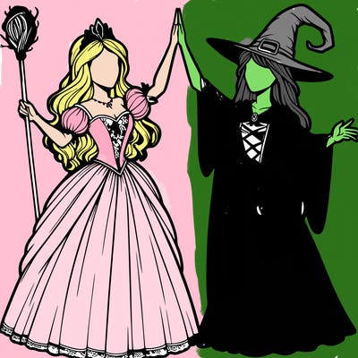 detailed realistic split of a princess and a witch