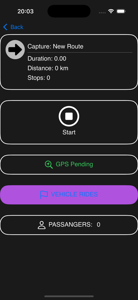 TransitWand - TransitWand app interface for starting a new transit route capture with passenger and stop counters