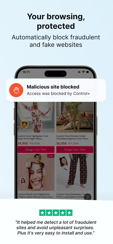 Control+ Security & Protection - Un écran de smartphone montrant l'application Control plus bloquant l'accès à un site web d'achat malveillant.