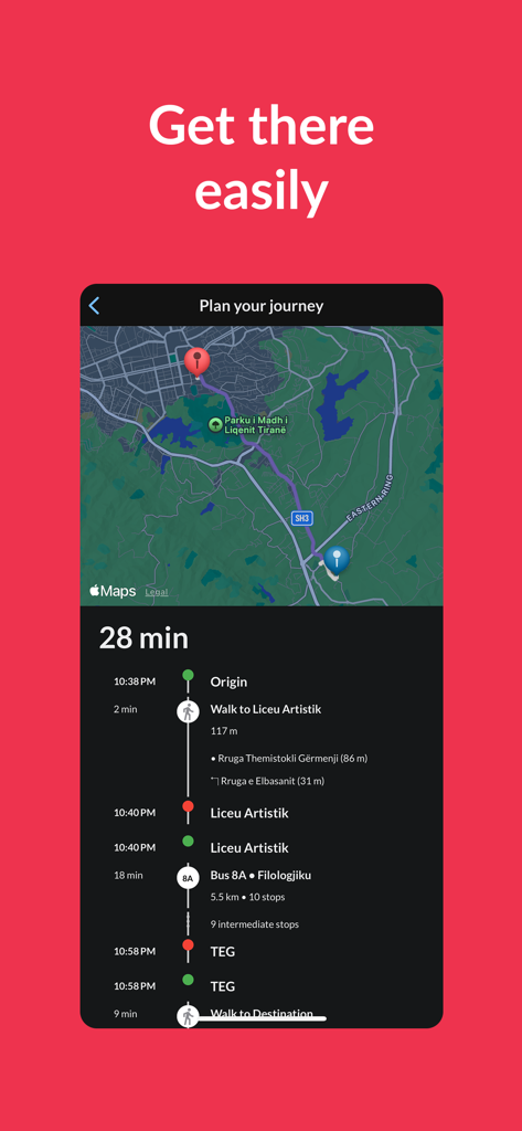 Una captura de pantalla de la aplicación TIR que muestra un plan de viaje detallado en autobús en Tirana con un mapa e instrucciones de tránsito paso a paso