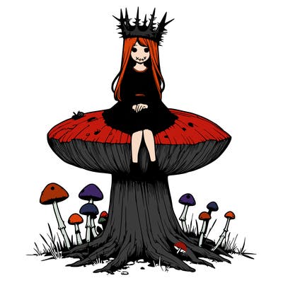realistic girl sitting on a huge tree stump size toadstool with thorn crown