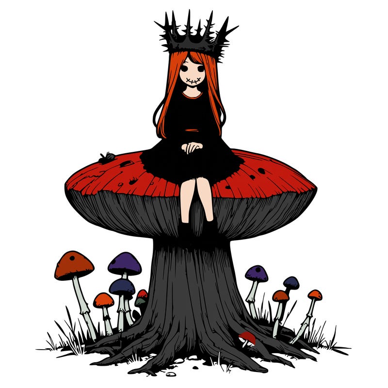 realistic girl sitting on a huge tree stump size toadstool with thorn crown