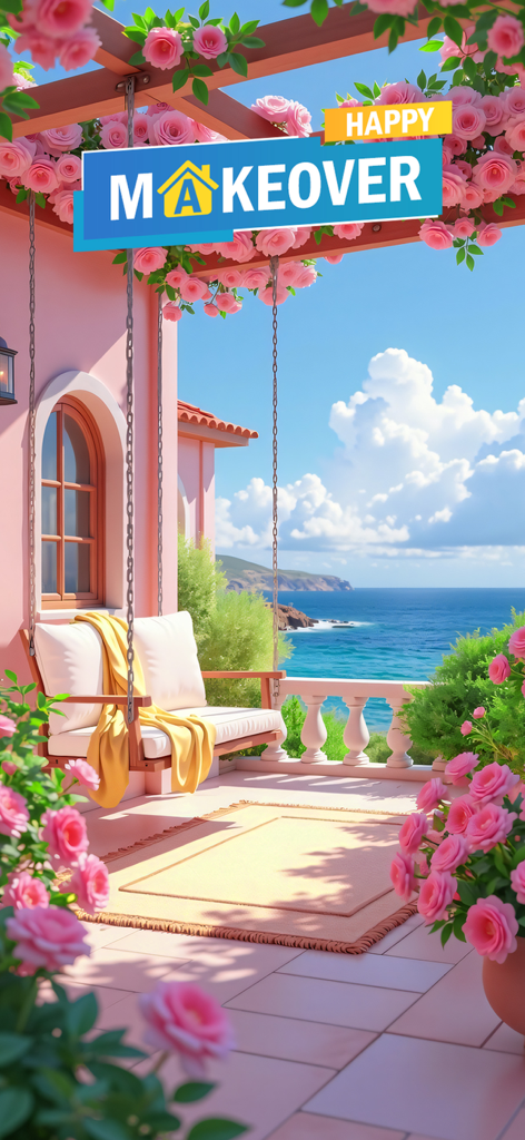 A luxury pink villa balcony with a swing chair and sea view in Happy Makeover