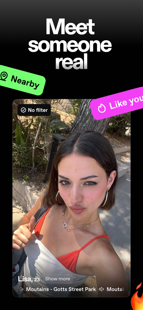 Ghosted: No Filter Dating App - A profile of a woman on Ghosted app with a No Filter badge and text saying Meet someone real