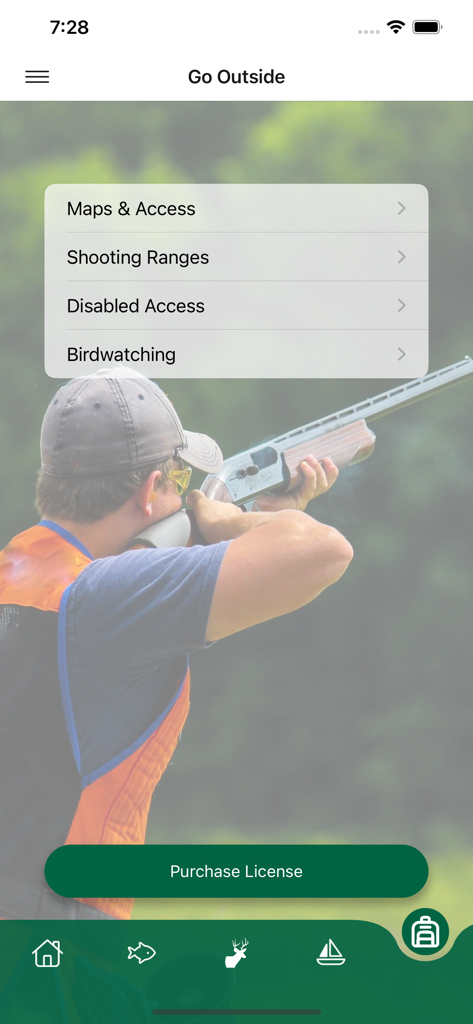 Go Outdoors North Carolina - Go Outdoors North Carolina app showing the Go Outside menu with options for shooting ranges and license purchase