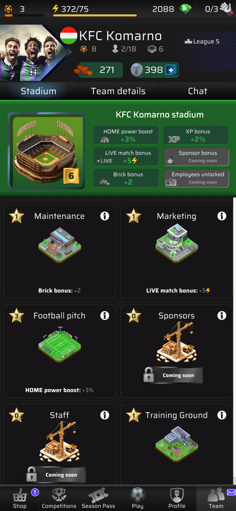 Stadium management screen in Goal Football PVP game showing facility upgrades and team bonuses.