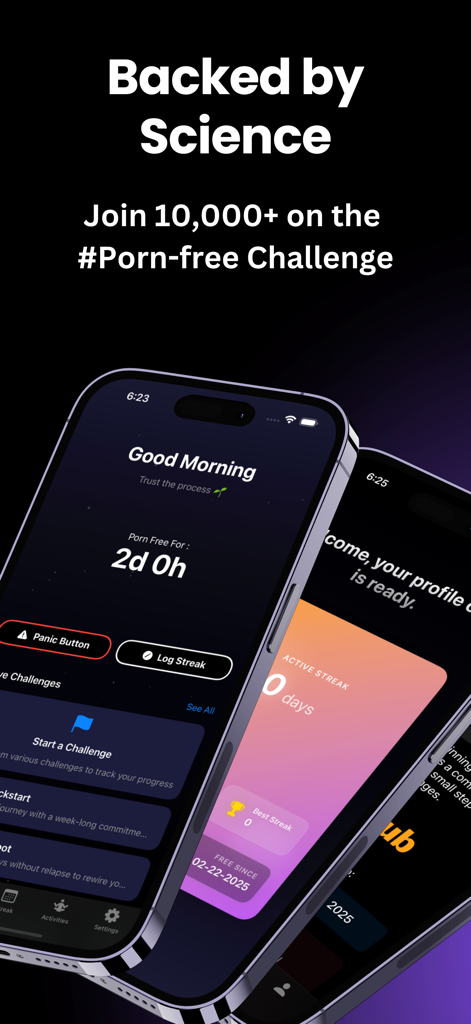 QuitHub - Quit Porn Now - Interfaz de la aplicación QuitHub que muestra un panel de progreso y un contador de racha de hábitos para el desafío libre de pornografía.