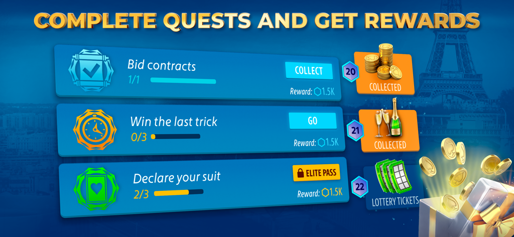 Belote & Coinche by Pokerist - Missões diárias e menu de recompensas em Belote e Coinche da Pokerist com um fundo de Paris.