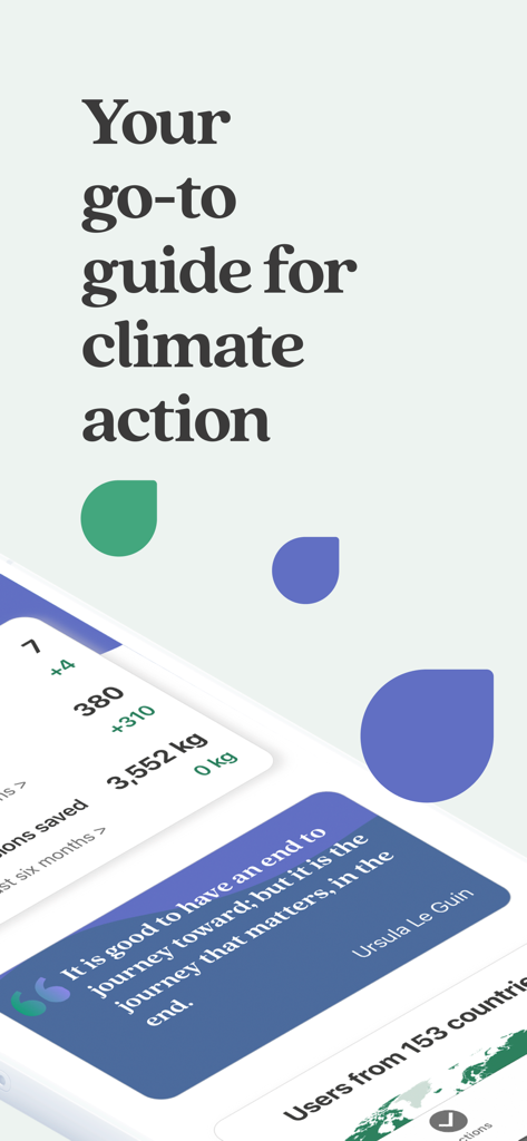 Earth Hero: Climate Change - Earth Hero app interface displaying climate action guide headline and carbon tracking metrics