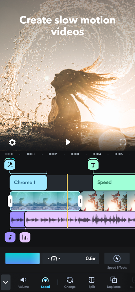 Interface do aplicativo Splice mostrando uma linha do tempo de várias trilhas com um efeito de velocidade de câmera lenta aplicado a um clipe de vídeo.