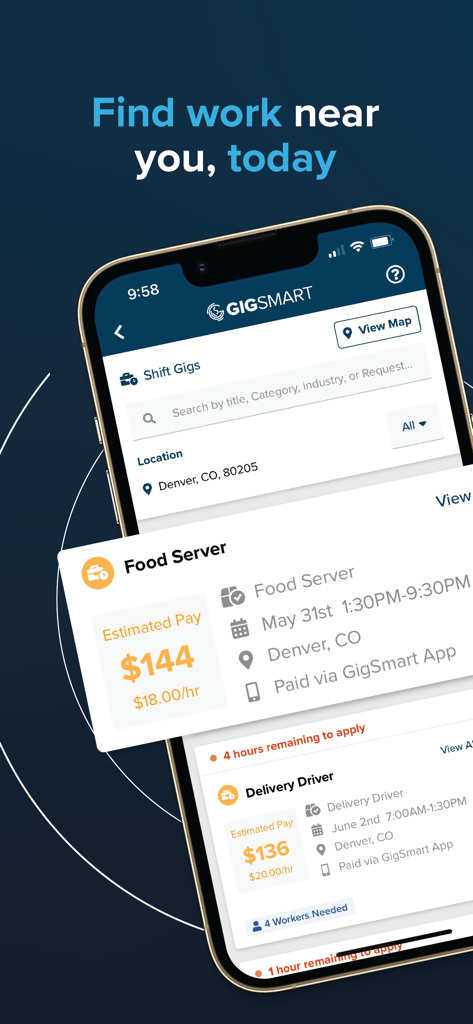 GigSmart Get Gigs app interface showing available local shift work for food servers and delivery drivers with estimated pay rates