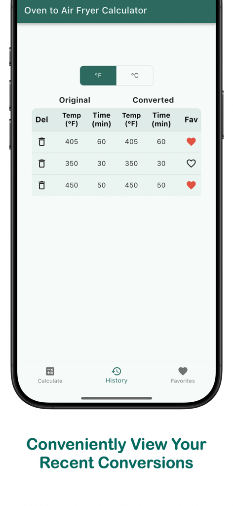 History screen of the Oven to Air Fryer Calculator app showing a table of recent recipe temperature and time conversions