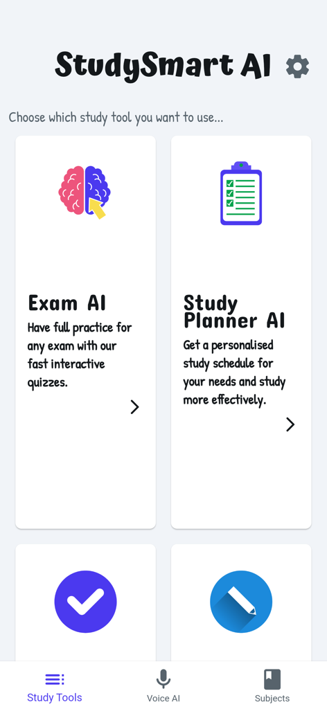 Menu principal do aplicativo StudySmart AI com cartões Exam AI e Study Planner AI e uma barra de navegação inferior.