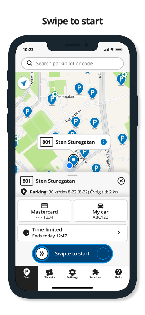 Parkering Göteborg - Parkering Goteborg app interface showing a map of parking locations and a swipe to start payment slider