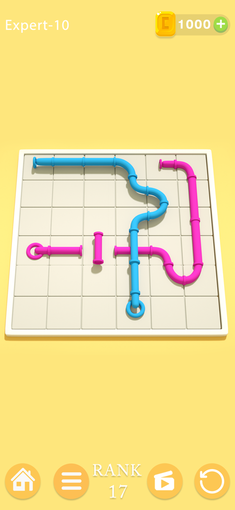 A Puzzledom expert level gameplay screen showing blue and pink pipes being connected on a minimalist grid.