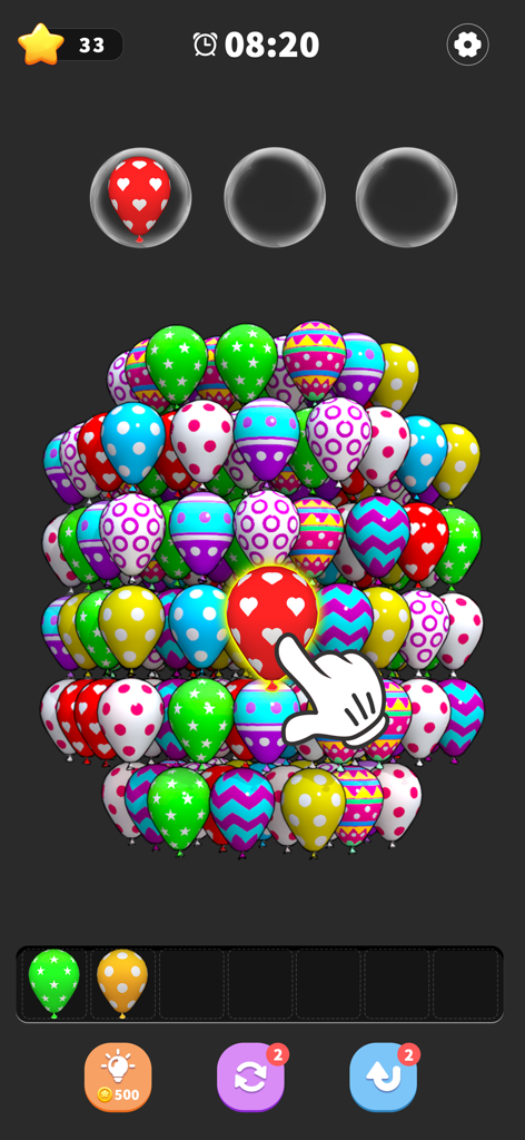 Balloon Triple Match: Match 3D - Gameplay screen of Balloon Triple Match 3D featuring a cluster of colorful patterned balloons and a hand selecting a matching pair