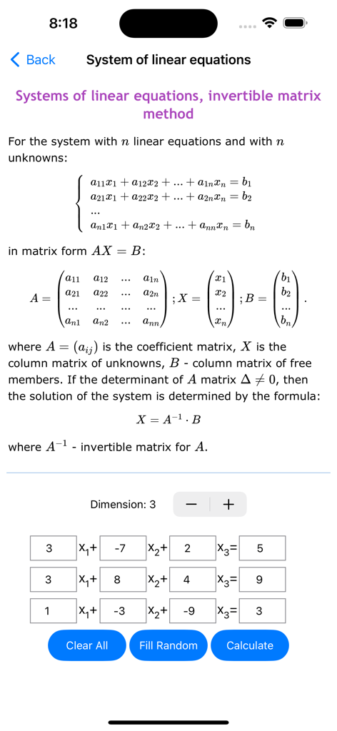 Math Solver Pro - Mathe-Löser Pro Oberfläche zur Lösung linearer Gleichungen mit der invertierbaren Matrixmethode