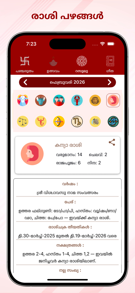 Malayalam Calendar 2026 app screenshot showing Rashi Phalam horoscope with zodiac symbols and astrology details