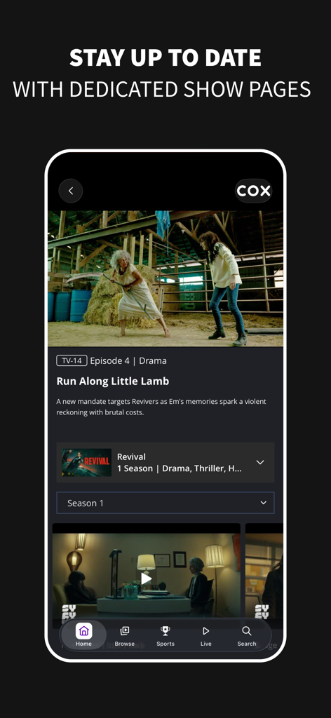 A screenshot of the SYFY mobile app showing a dedicated show page for the series Revival with episode descriptions and video content.