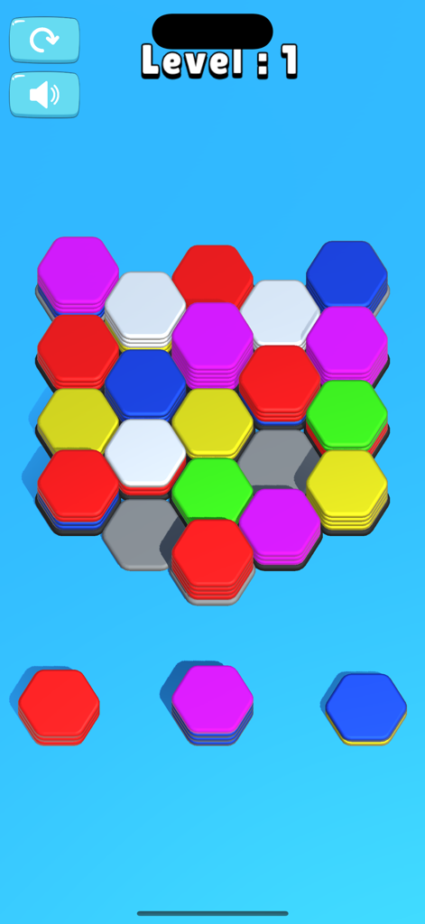 Hexa Sort Game - Gameplay screen of Hexa Sort Game featuring colorful hexagonal tile stacks on a light blue background