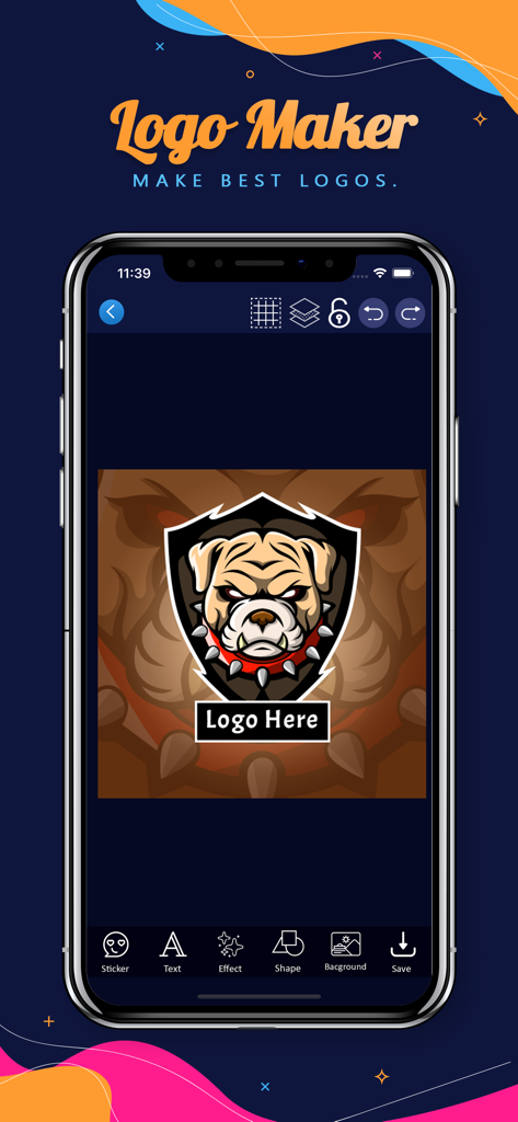 Eine Benutzeroberfläche einer mobilen App, die ein Bulldoggen-Maskottchen-Logo-Design für ein Esports-Team anzeigt