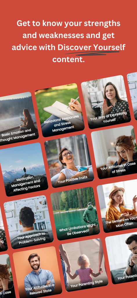 Enneagram 9 Type - Una raccolta di categorie di sviluppo personale nell'app Enneatipo 9, tra cui gestione dello stress e motivazione