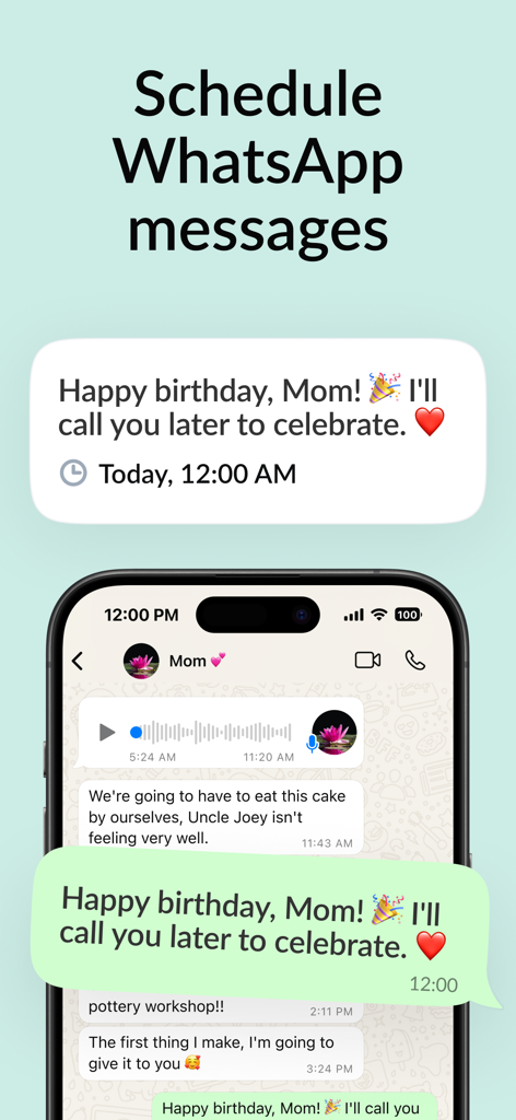 Zapia AI - Personal Assistant - Una interfaz de smartphone que muestra un mensaje de WhatsApp programado para cumpleaños utilizando Zapia AI.
