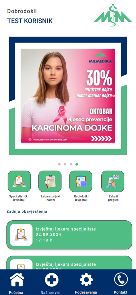 POLIKLINIKA MILMEDIKA - Milmedika Polyclinic app home screen with patient dashboard and medical services