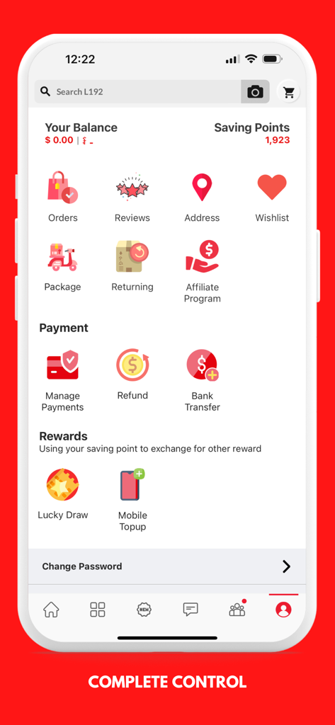 User account dashboard in the L192 app showing orders, payments, and rewards.