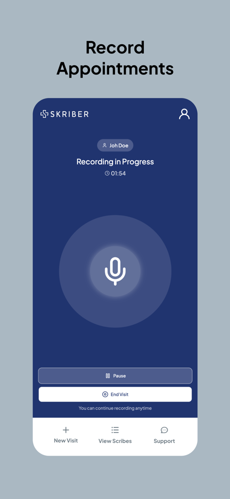 Interface of the Skriber app showing an active audio recording for a medical appointment with a microphone icon and timer.