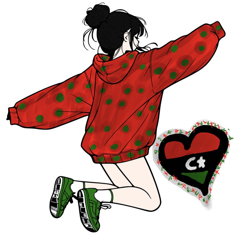 realistic girl jumping with a bun and oversized sweatshirt