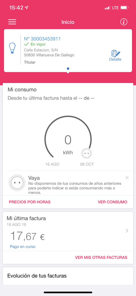 Energía XXI - Energía XXI app dashboard displaying energy consumption and billing details for a utility contract in Spain.