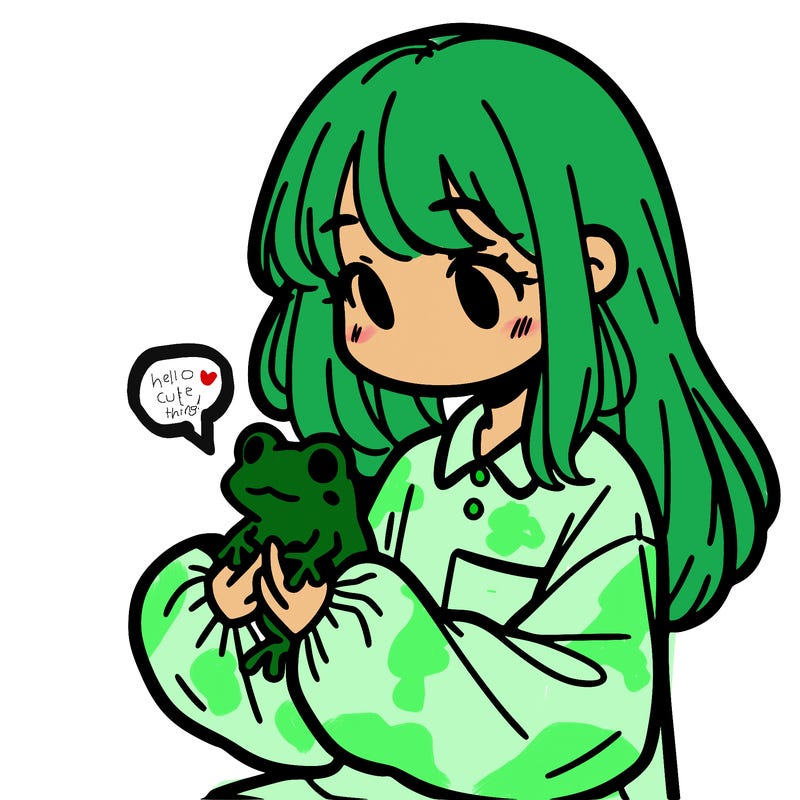 girl with long hair and a oversized shirt. and she is holding a frog