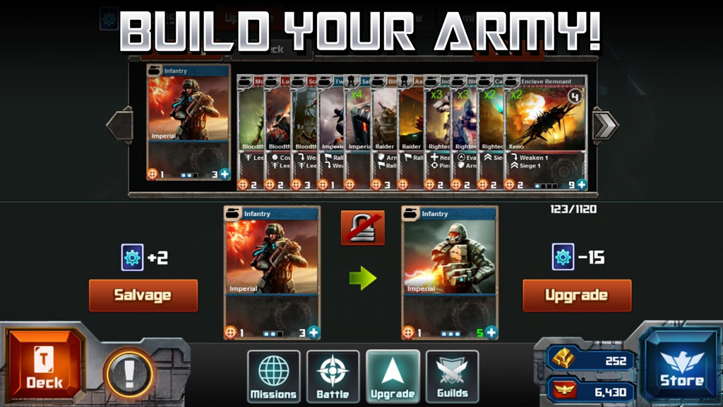 The card upgrade interface in Tyrant Unleashed showing the progression of an infantry unit.