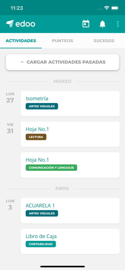 Edoo - Edoo mobile application displaying a chronological list of school assignments and activities in Spanish.