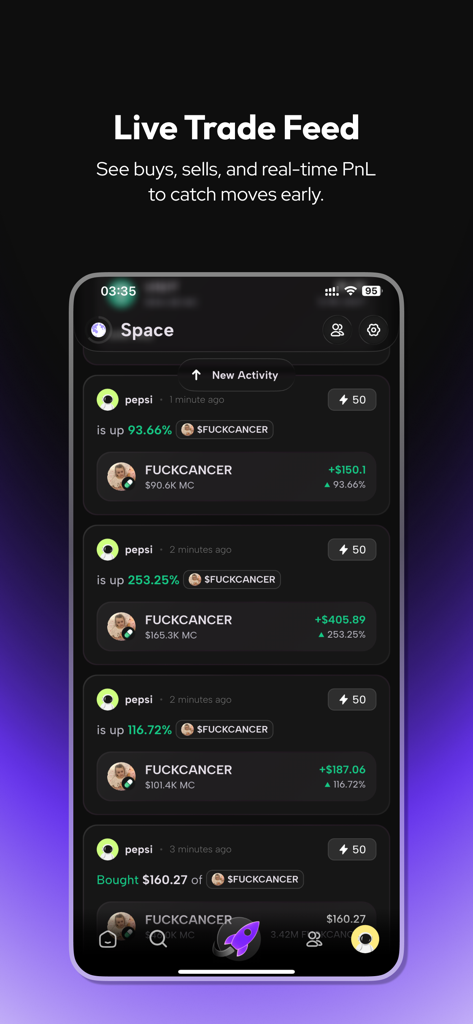 MoonRush: Social Trading - MoonRush app screen showing a live social trading feed with real-time profit and loss metrics for trending cryptocurrency tokens