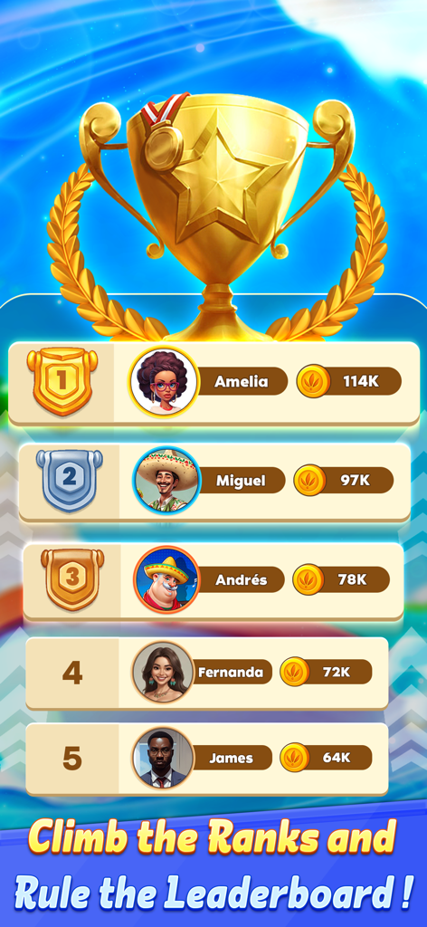 Conquian Card Game - Tabla de clasificación del Juego de Cartas Conquian que muestra las mejores clasificaciones de jugadores y un trofeo dorado