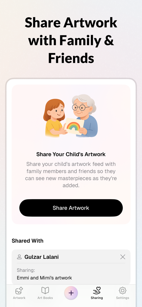 Tela do aplicativo Keepbox mostrando como compartilhar arte digital infantil com familiares e amigos