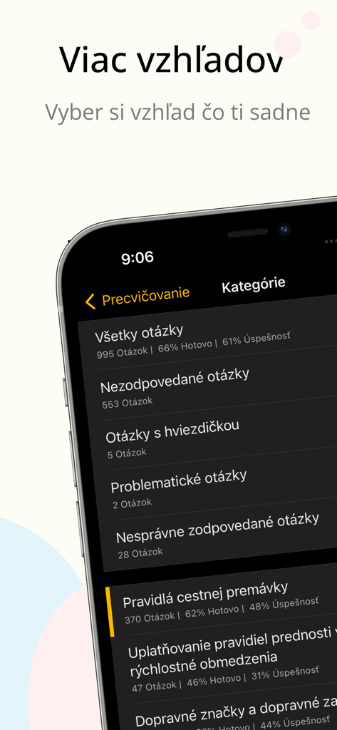 Smartphone screen showing the Slovak driving school app interface with various question categories in dark mode