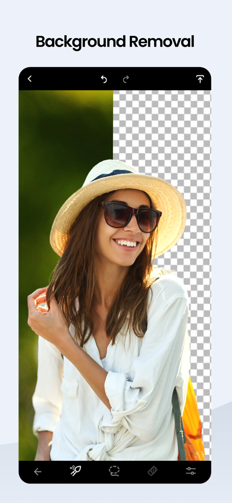 Demostración en pantalla dividida de la herramienta de eliminación de fondo en una foto de una mujer con sombrero para el sol