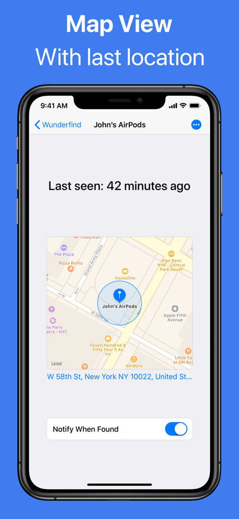 Wunderfind: Find Lost Device - Vista de mapa de la aplicación Wunderfind que muestra la última ubicación vista de AirPods perdidos en la ciudad de Nueva York.