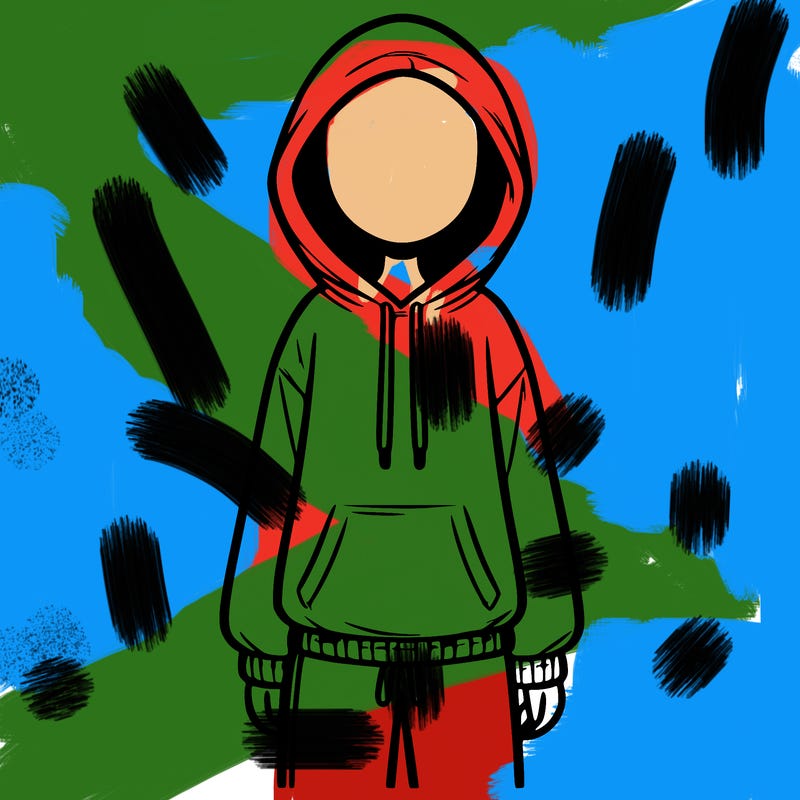 faceless girl in a tracksuit with a hood on and no hair